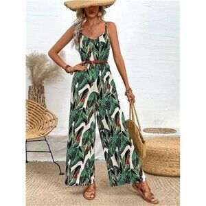 Tropical Print Spaghetti Strap Wide Leg Jumpsuit